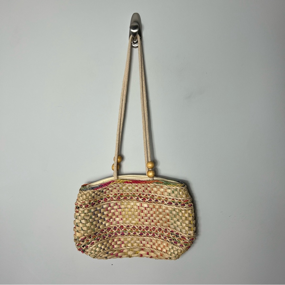 Vintage Straw Bag Purse Handbag Woven Colorful Wooden Beads
